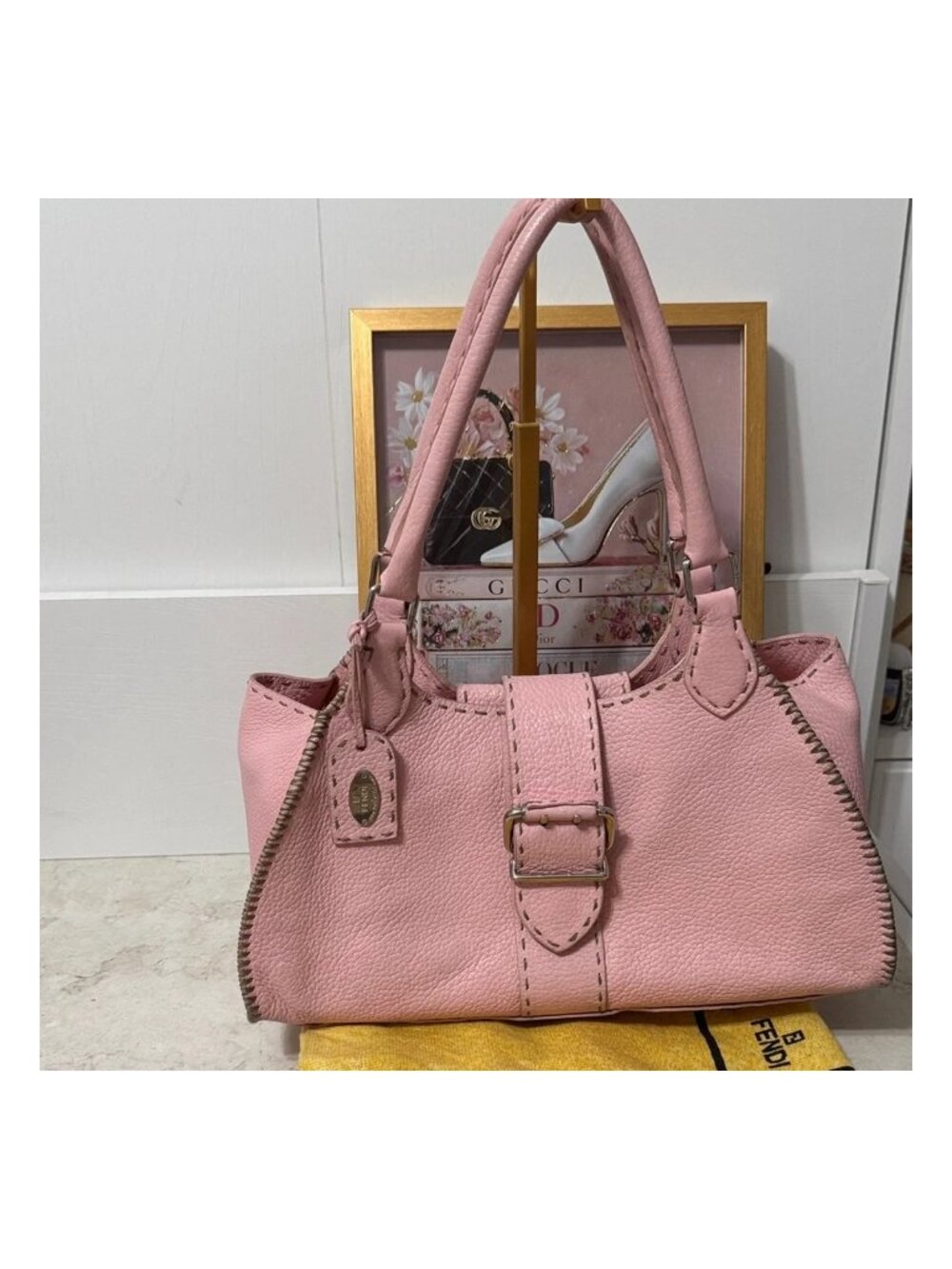 Fendi Selleria Linda Bag | Baby Pink 🩷 Taupe Whipstitch Shoulder Bag | COA